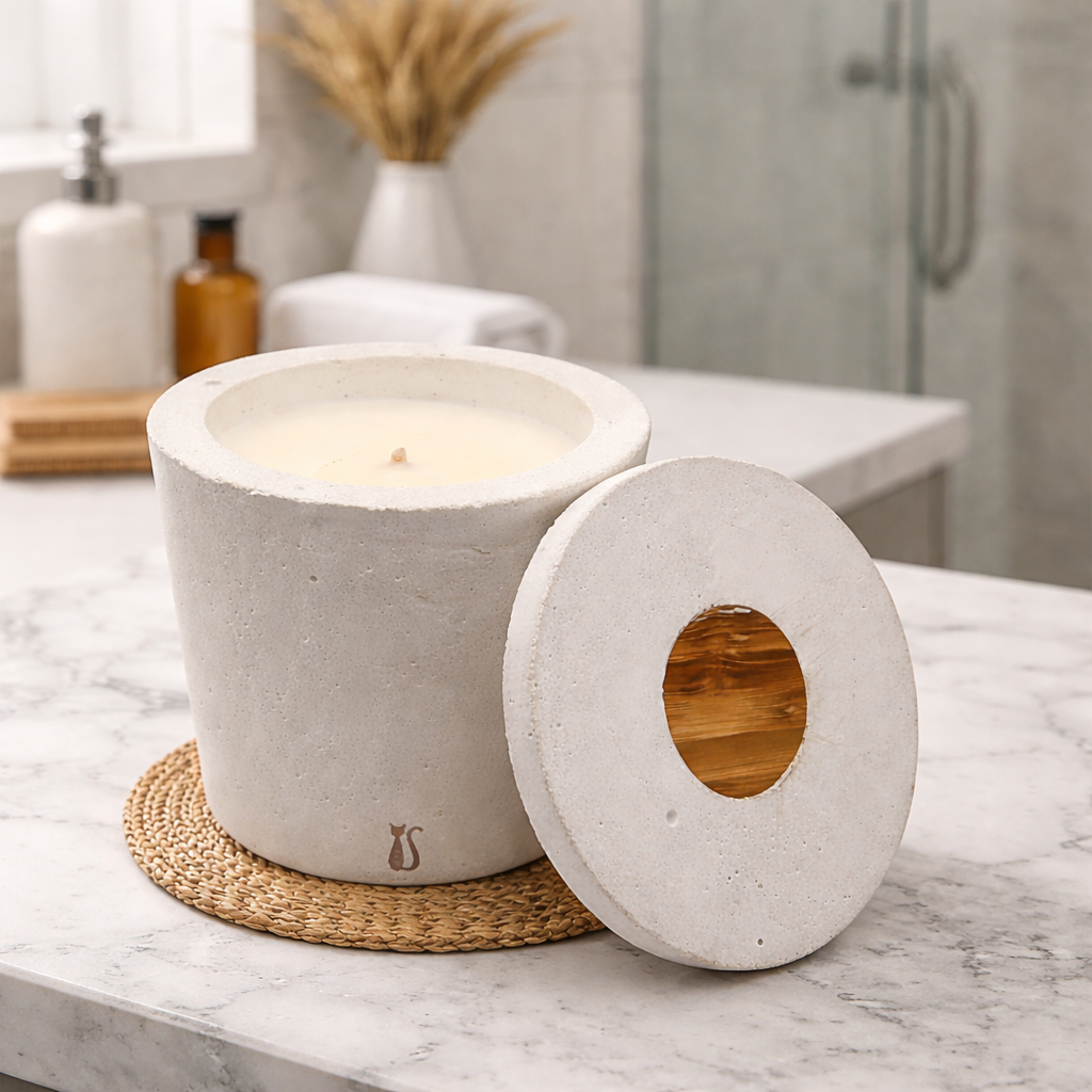 Bougie béton blanc en décoration salle de bain — rechargeable