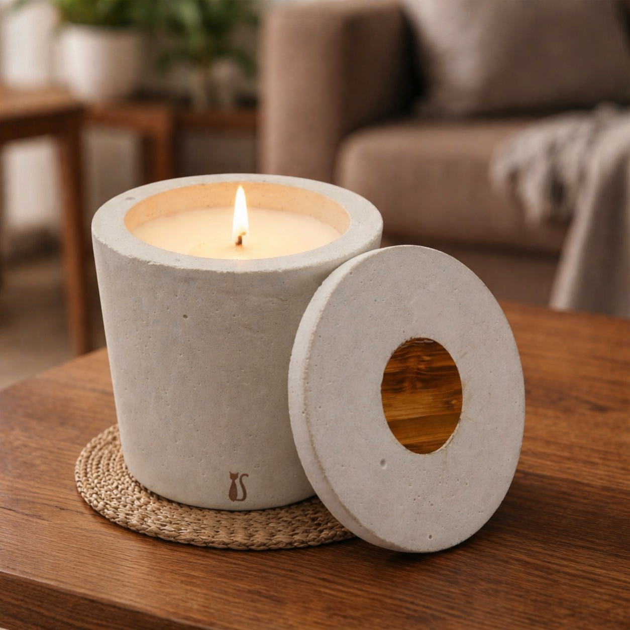 Bougie béton blanc allumée — cire naturelle et mèche coton