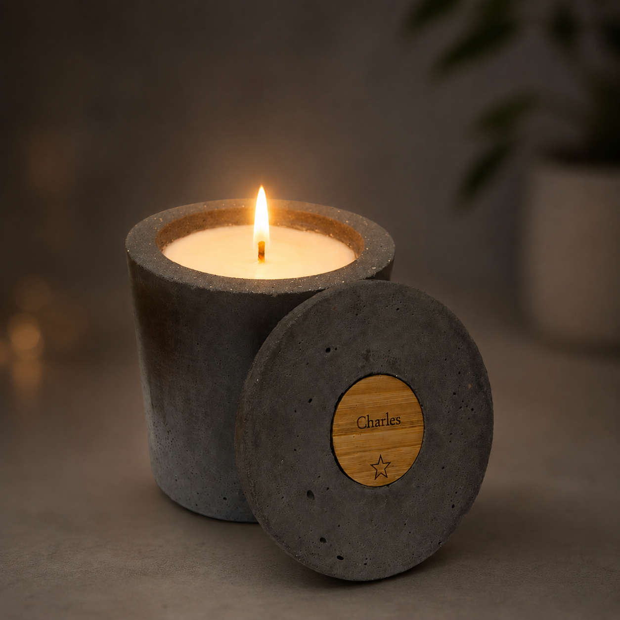 Bougie béton gris étoile personnalisable — Gravure prénom | Grain de Béton