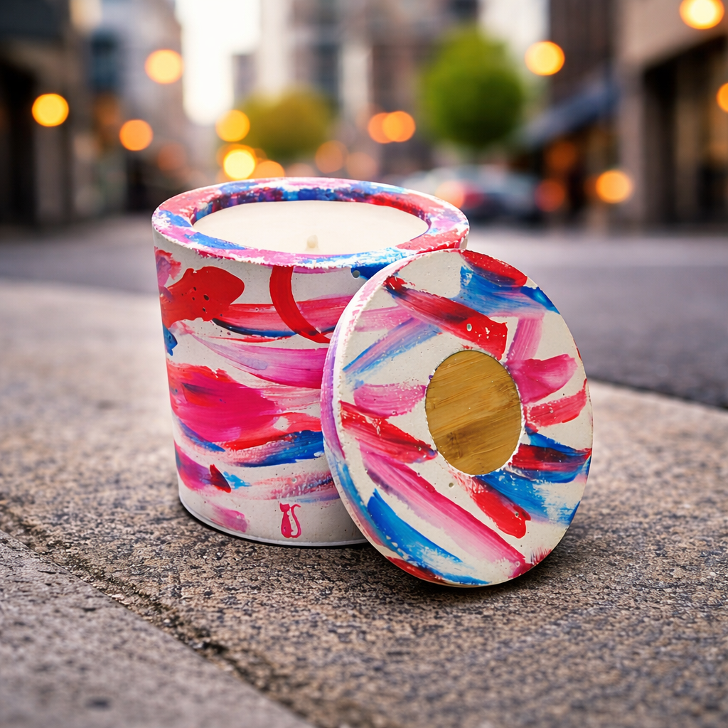 Bougie artistique pop art béton — Pièce unique peinte à la main | Grain de Béton
