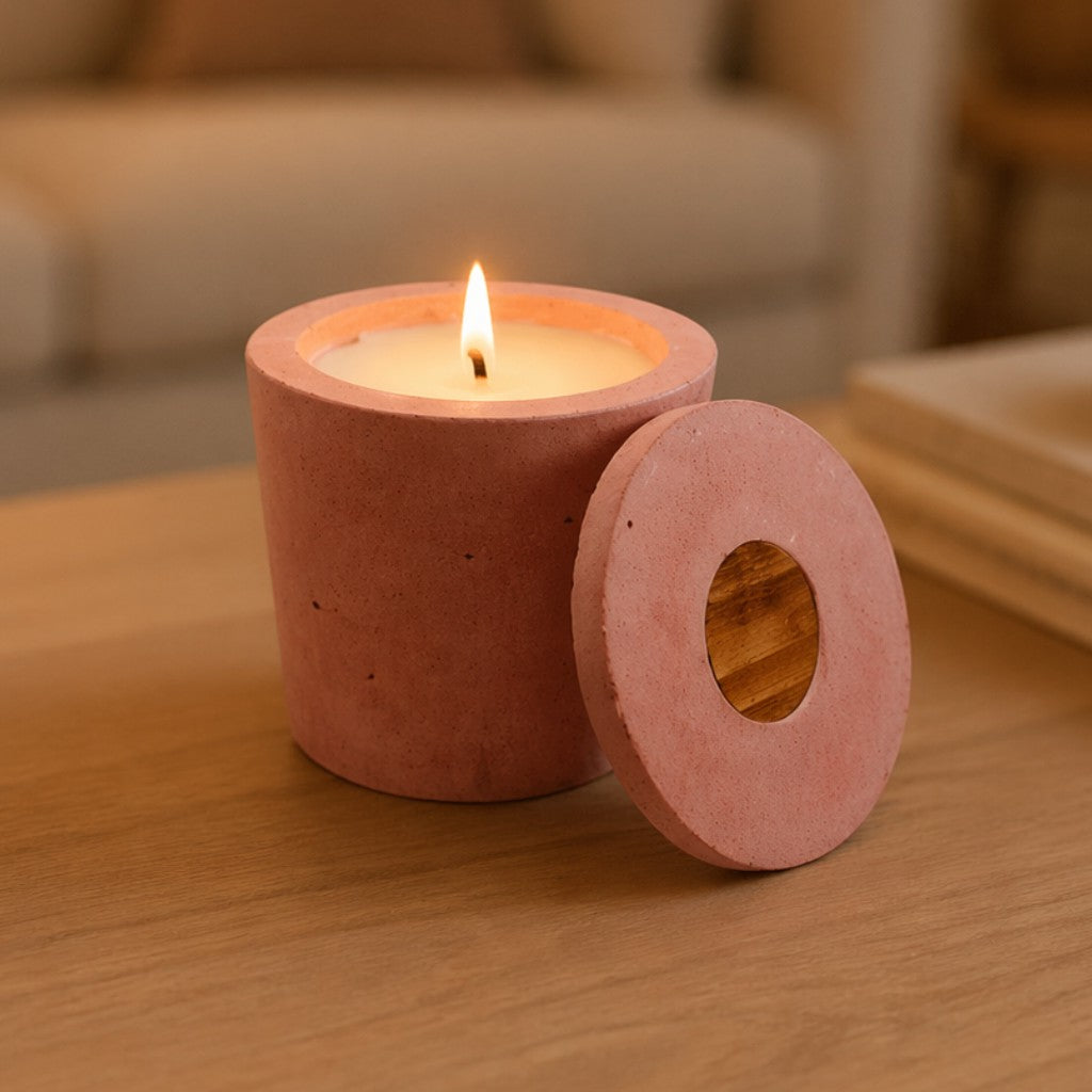 Bougie béton rose poudré artisanale Grain de Béton — ambiance intérieure apaisante