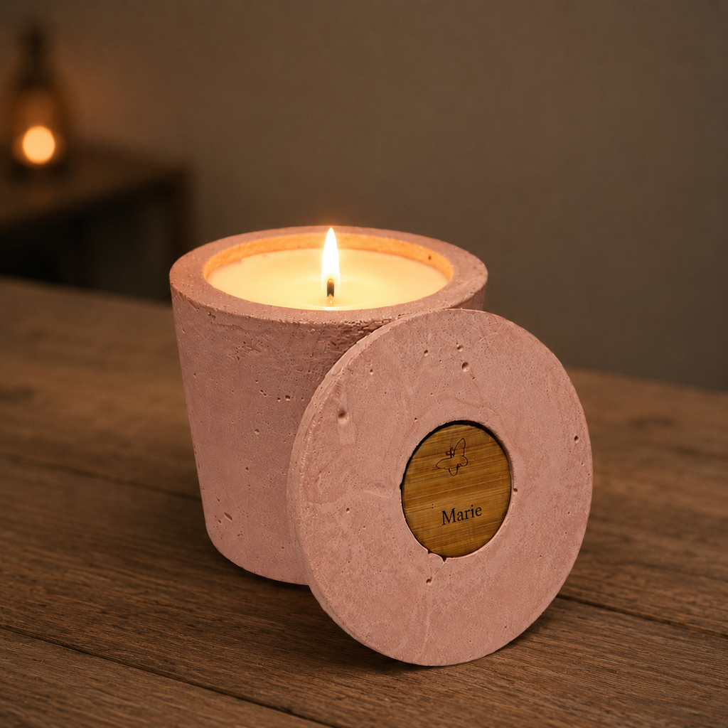 Bougie béton rose papillon personnalisable — Gravure prénom | Grain de Béton